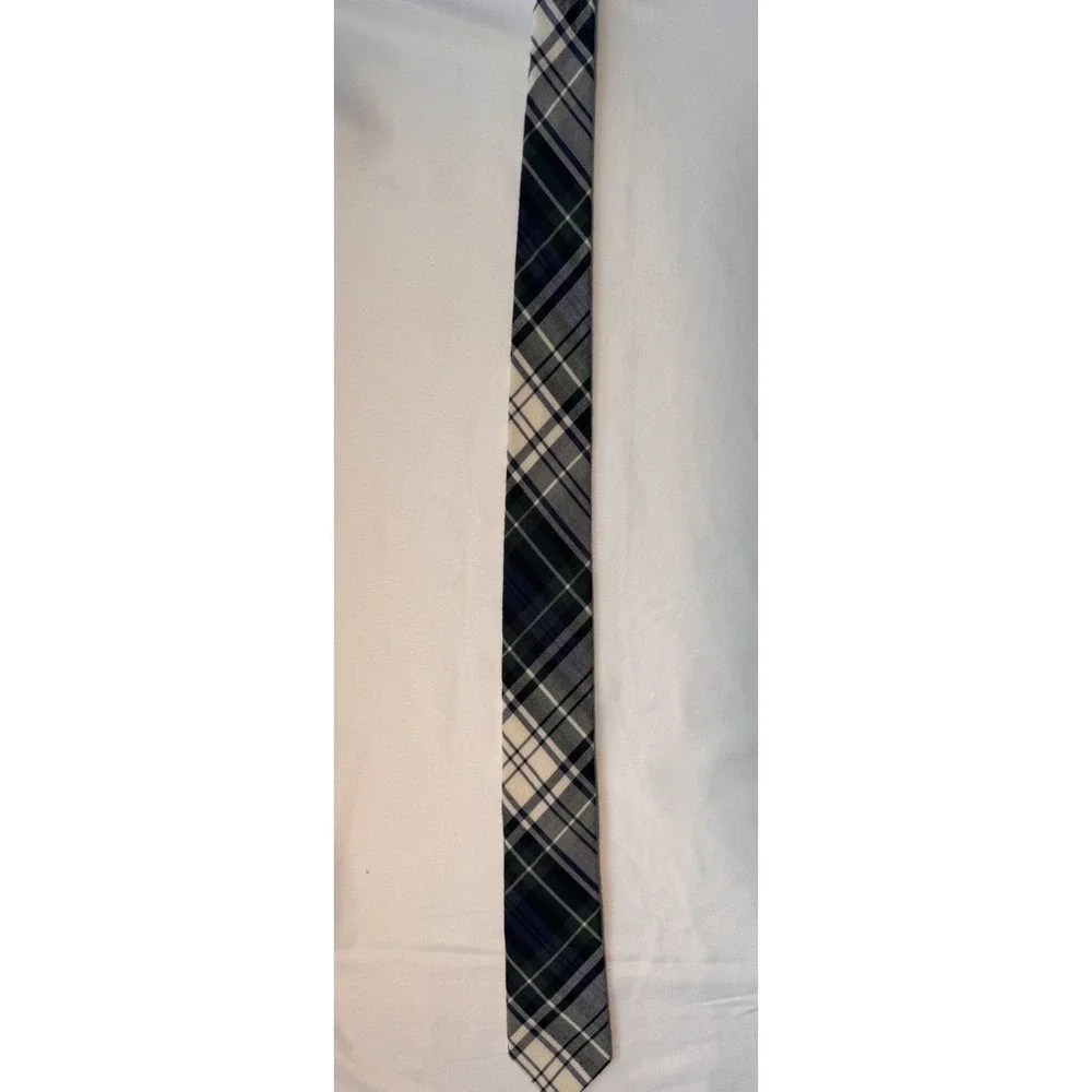 J.Crew Mens Plaid Necktie Navy‎ Blue Green White Wool Silk Blend Woven Tie